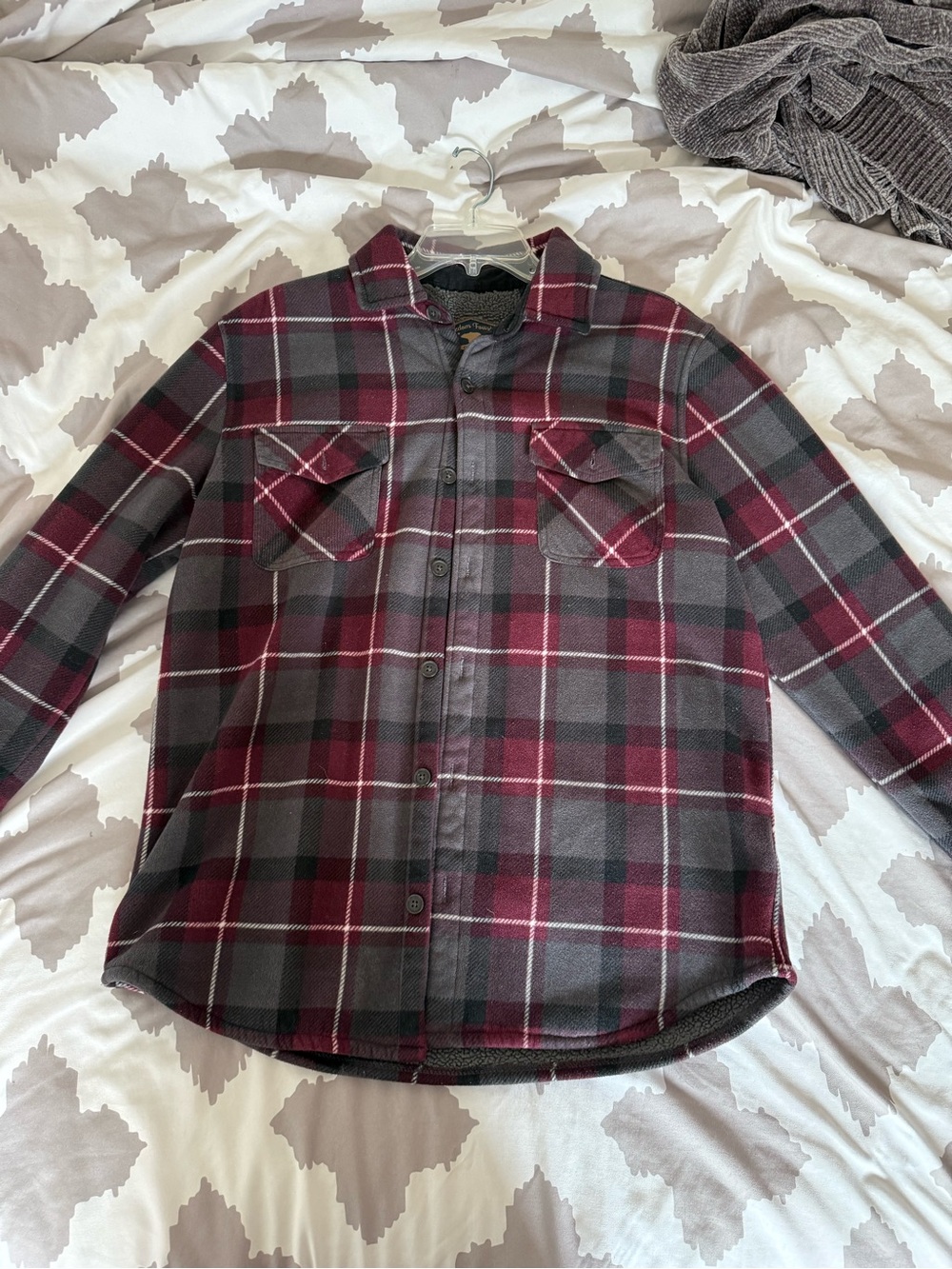 Men's Plaid Button-Up Shirt Jacket - Burgundy & Gray